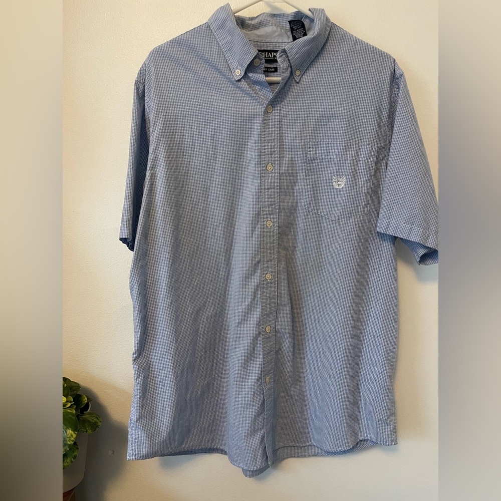 Mens Blue White Micro Check Grid Short Sleeve Button Down XL